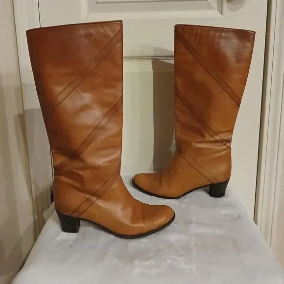 Vintage Celine Brown Leather Knee High Boots EU 39 Patina Distressed Old Money - Picture 3 of 8